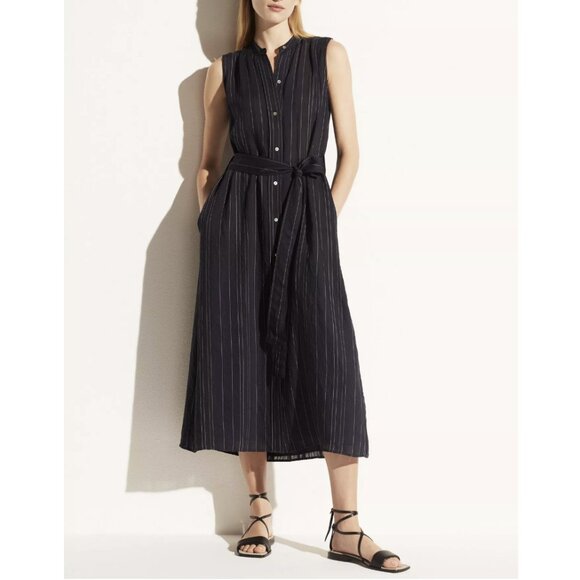 NWT Vince Drapey Stripe Shirt Dress Coastal Navy White Button Up Waist Tie Small - Picture 1 of 10
